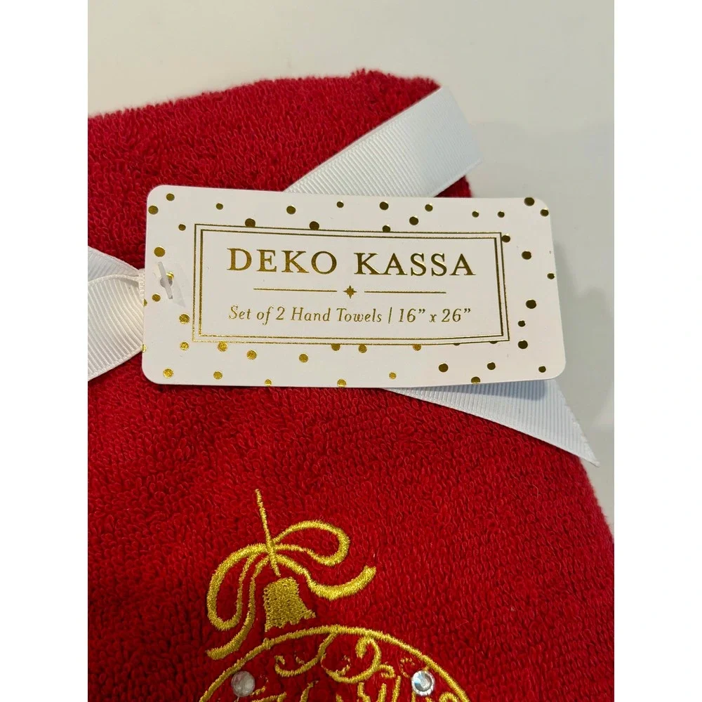 NEW Deko Kassa Set of 2 Christmas Hand Towels Red Gold Ornament Rhinestone 16x26
